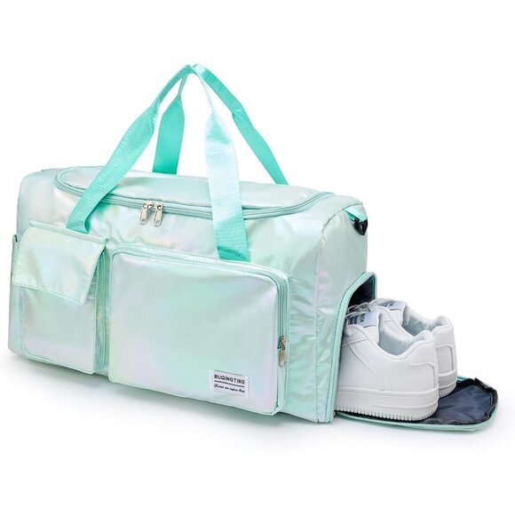 Women Green Shinny Small Gym Carry On Weekender Travel Shoe Compartment Bag - Picture 6 of 6